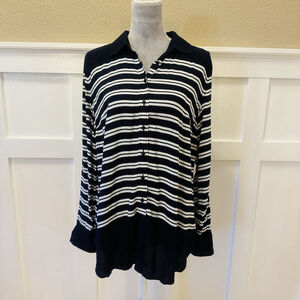 Talbots Women Shirt Blouse Size:M Blue White Striped Button-Up Rayon Super Soft